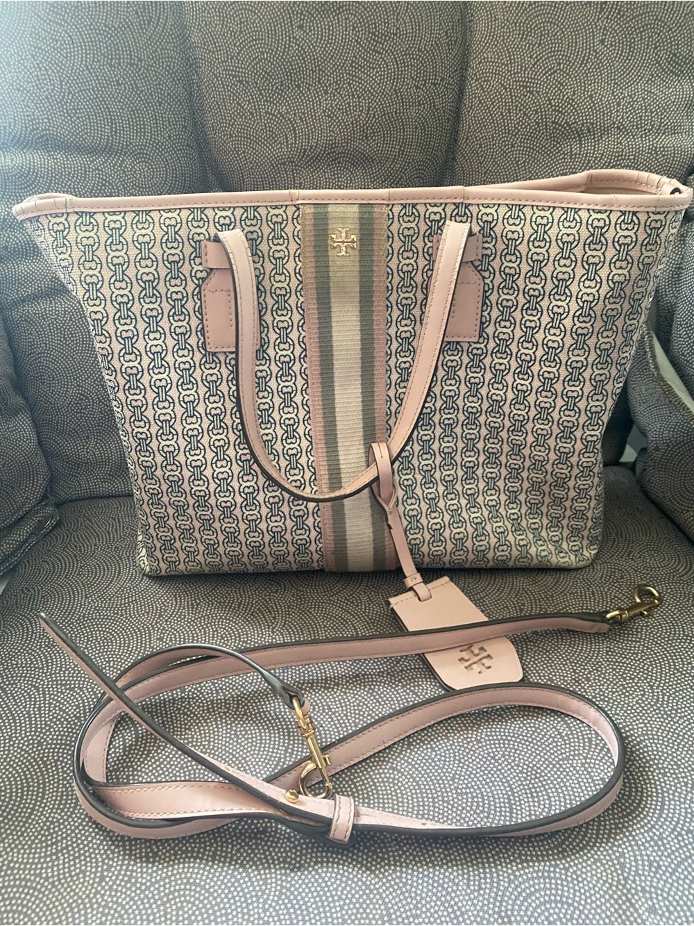 Tory Burch Pink Logo-Print Tote with Stripe Detail